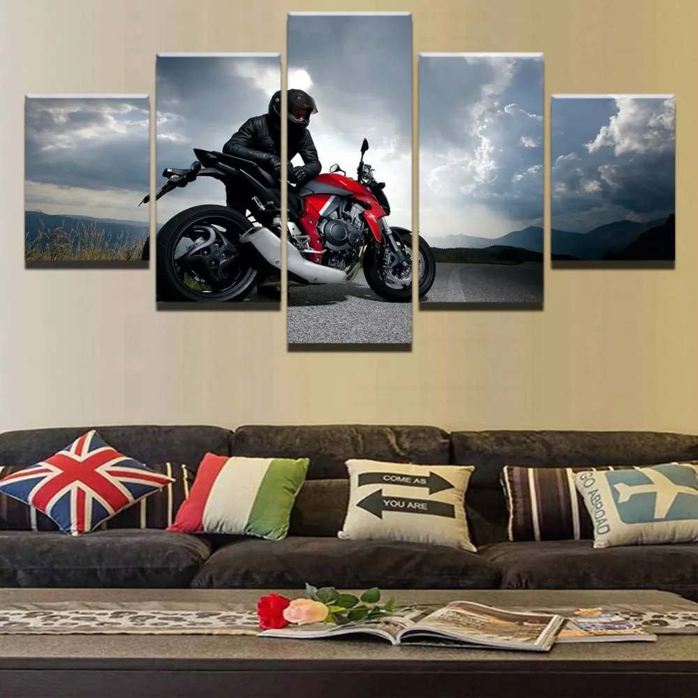 

Motorcycle And Racer HD Print Painting Home Decor 5 Piece Canvas Art Painting Modern Decor Canvas Wall Art Living Room Artwork