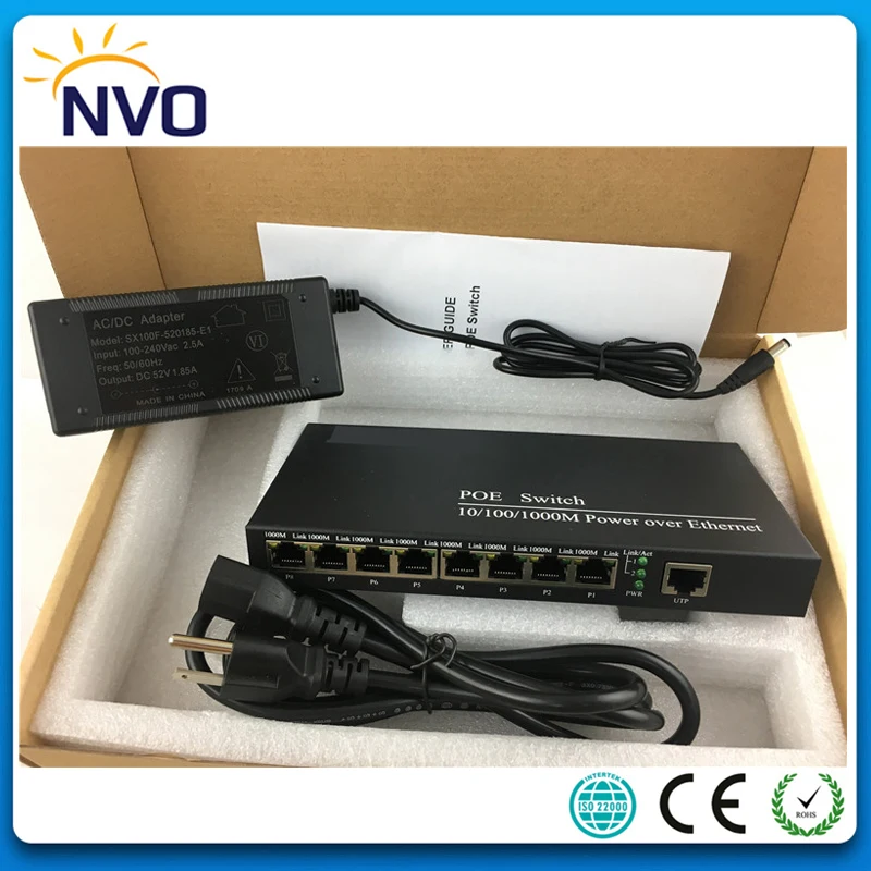 

8 Port Gigabit PoE Switch With 1 Gigabit RJ45 Uplink Port,IEEE802.3AF,100Meter,each port 15.4W,96W,Euro Charger
