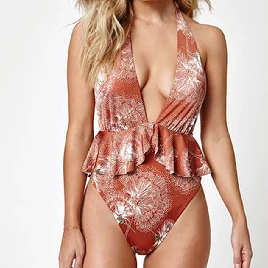 

2018 New Ruffled V Neck One Piece Swimsuit Swimwear Women Sexy Cut Out Bathing Suits Floral Print Monokini Backless Beach Wear