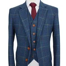 Men Suit Blazers Wedding-Suits Custom-Made Slim-Fit Tweed Wool Blue for 3-Piece Retro