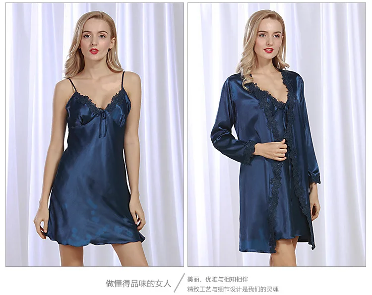 Falso de Seda Robe de Cetim Vestido de Renda Hoffen Pescoço Sexy Robe Vestido Conjunto Pijamas 2 Pcs Femme Terno Ws358 2021 v 6 Hoffen 2018 pescoço V Sexy Robe Vestido