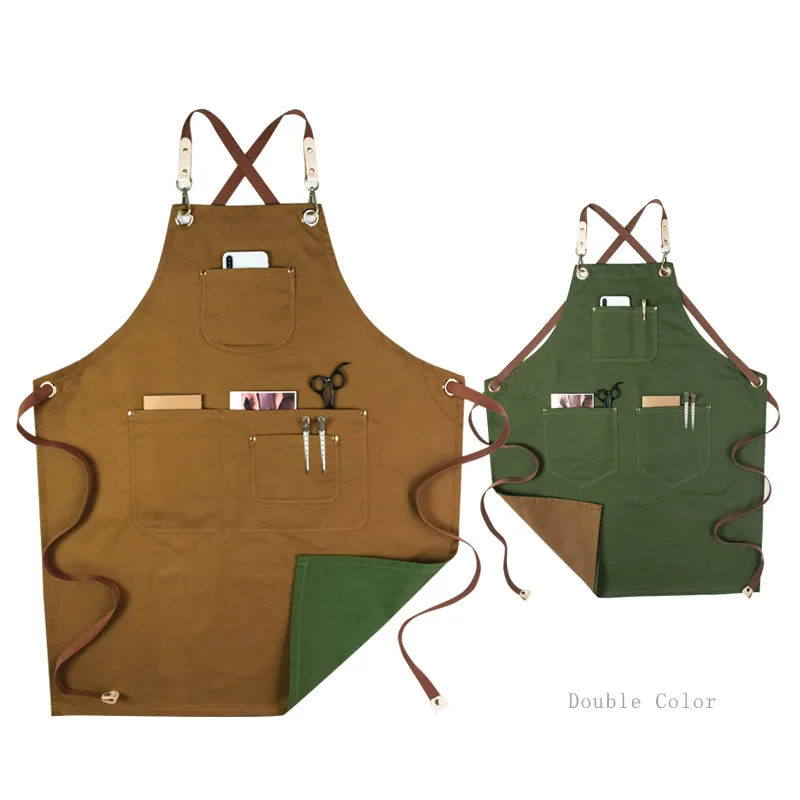  Double Sides Apron Genuine Leather Belt Cotton Barber Kitchen Chef Apron With Pocket Two Colour Wor - 32990828168