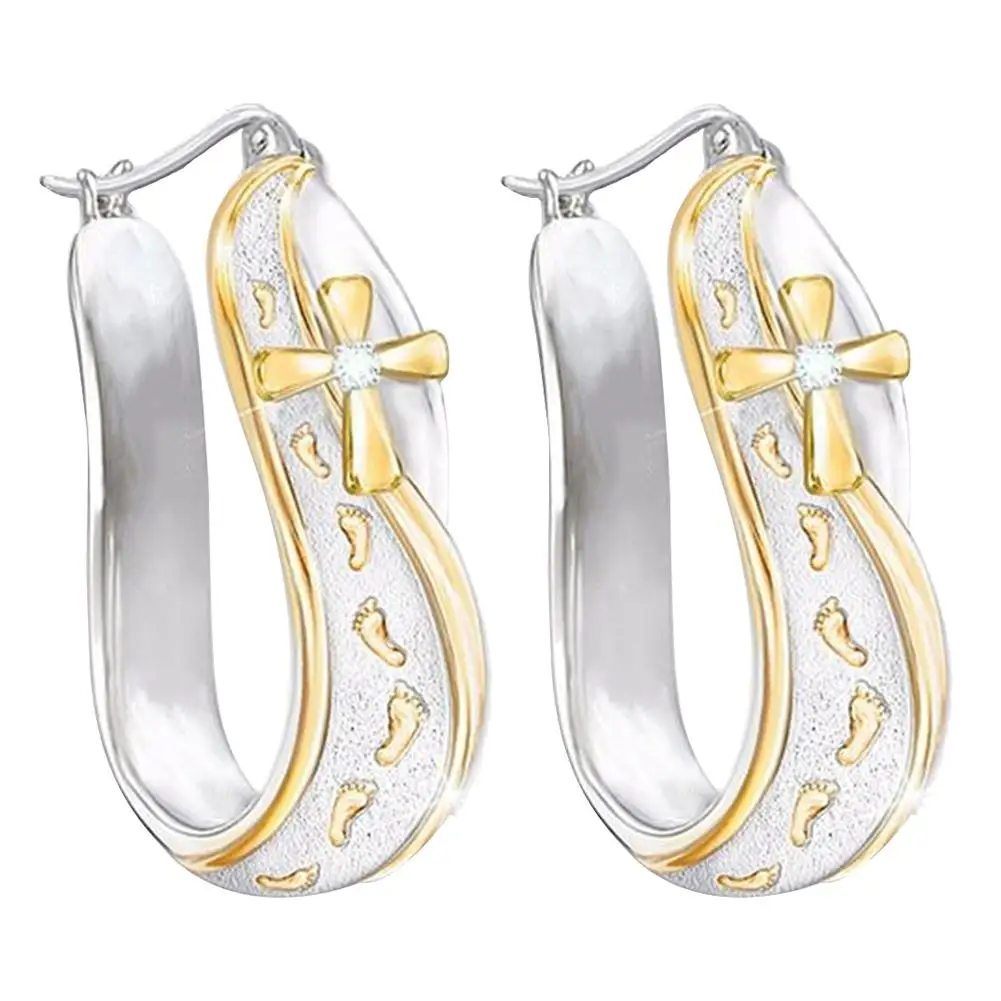 Women Dual Color Footprints Cross Sign Rhinestone Huggie Hoop Earrings Gift|Hoop Earrings| - AliExpress