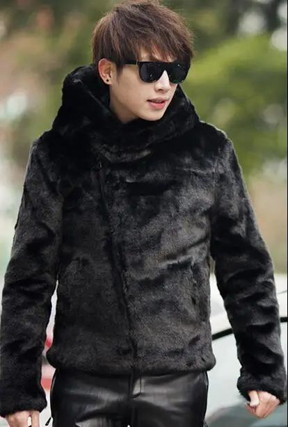 Черная теплая шуба из искусственного меха норки с капюшоном, мужская кожаная куртка, мужские шубы с ворсом на осень и зиму, теплая косая верхняя одежда на молнии, 5XL - Цвет: Черный