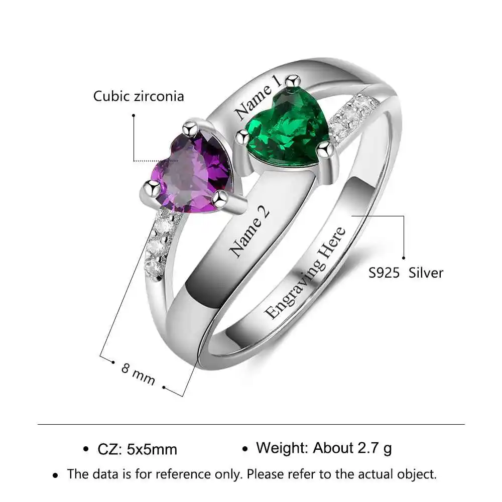 Double Heart Birthstone Ring Personalized Custom Engrave Names Promise Rings 925 Sterling Silver Jewelry (JewelOra RI103276)