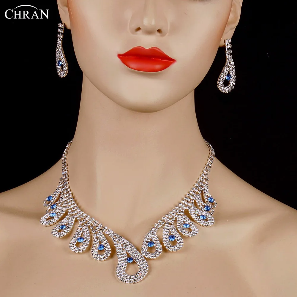CHRAN Rhodium Plated Blue Crystal Costume Wedding Jewelry Sets Promotion Fashion Sparkling