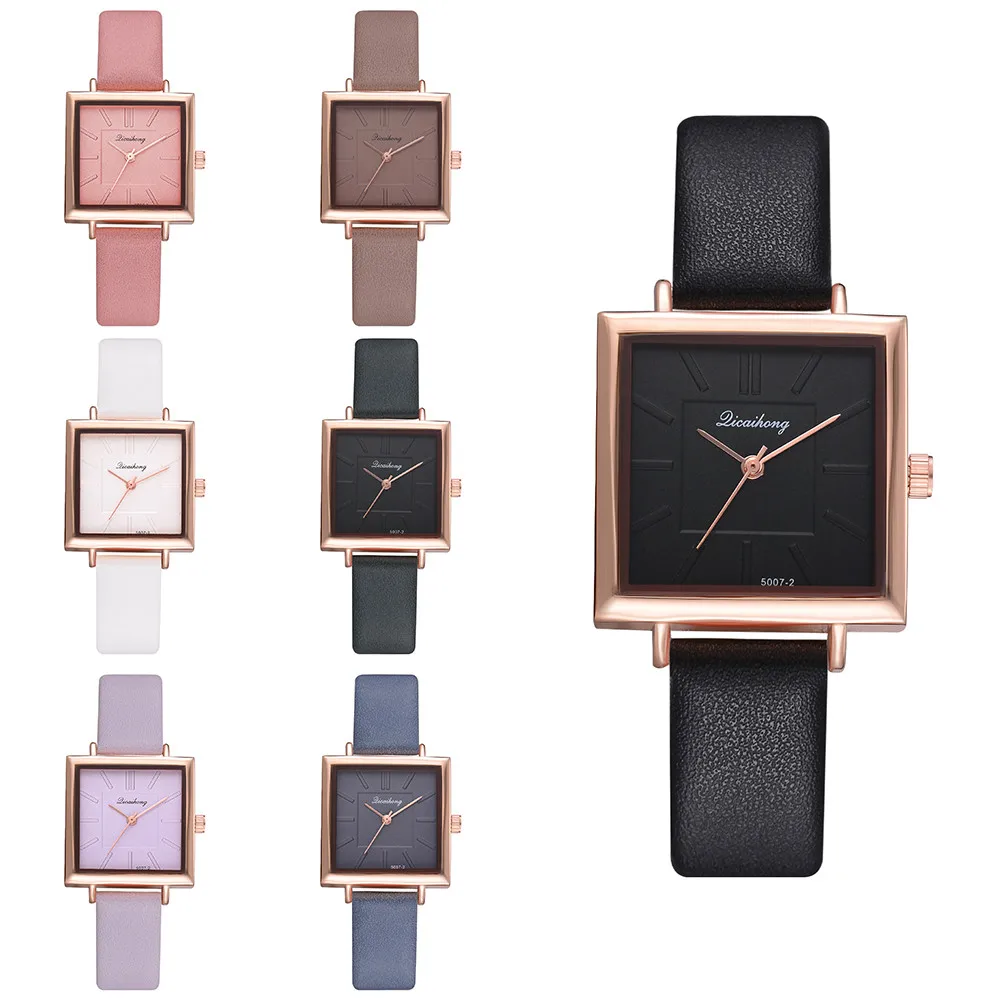 Модные квадратные женские наручные кожаные часы Роскошные Кварцевые из