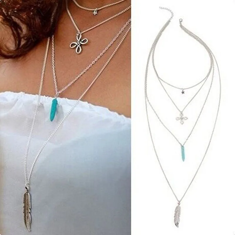 

2019 New Fashion Retro Chinese Knot Bullet Star Leaves Multilayer Long Necklace Bohemian Style Chokers Necklaces Women Jewelry