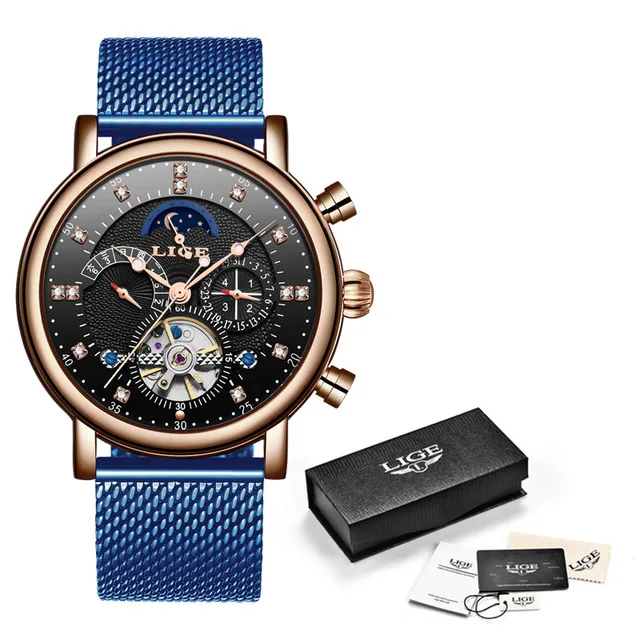 LIGE подарок мужские s часы брендовые Роскошные модные Tourbillon автоматические механические часы мужские часы из нержавеющей стали Relogio Masculino - Цвет: Rose gold blue M
