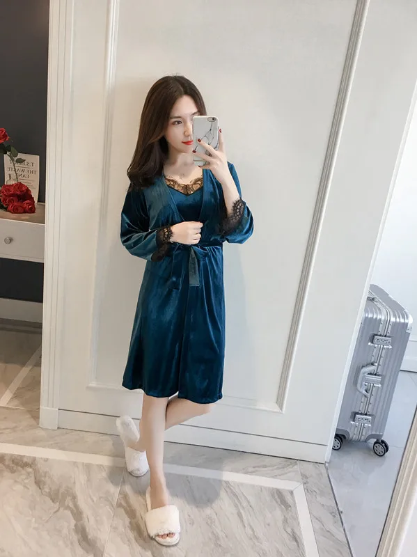 Autumn Winter New Arrival Kimono Bathrobe Gown Women's Velvet Robe Gown Lace Sexy Intimate Lingerie Korean Bathrobe M-XL