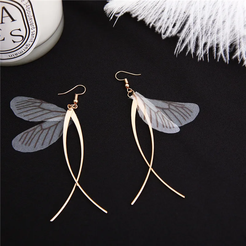Fashion Bohemian Gold Style-Long Pink Dragonfly wings Earrings Drop Earrings for Women Earrings Accessories