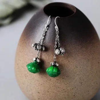 

925-Sterling-Silver-Earrings Natural Gemstone Green Jade Lotus Drop Earrings For Women Jewellery Accessories Aros