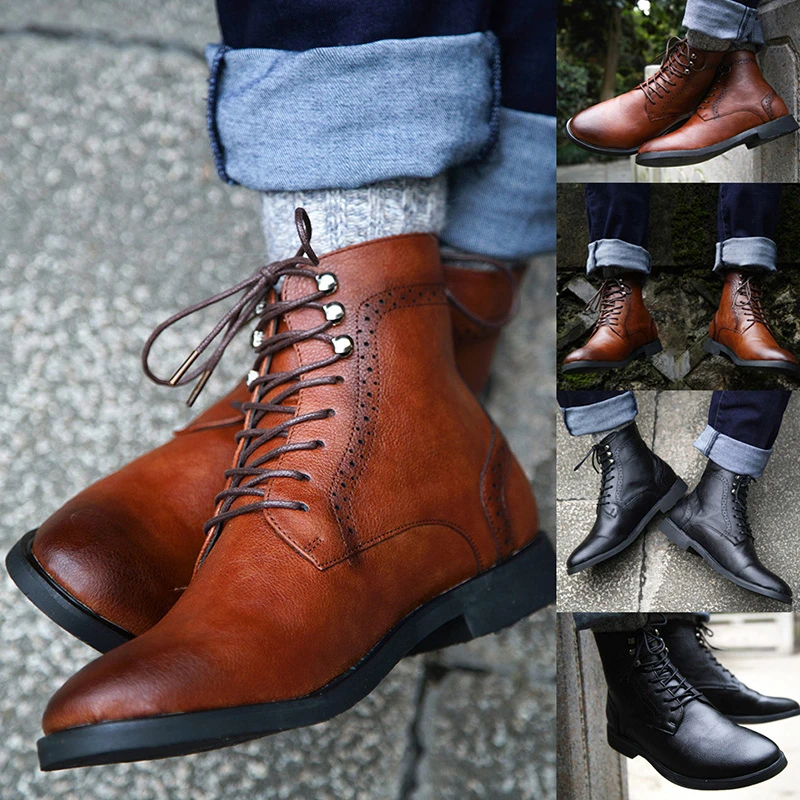 COSIDRAM zapatos de invierno para hombre, botines cálidos con cordones y remaches, botas de piel sintética, BRM básicas| AliExpress