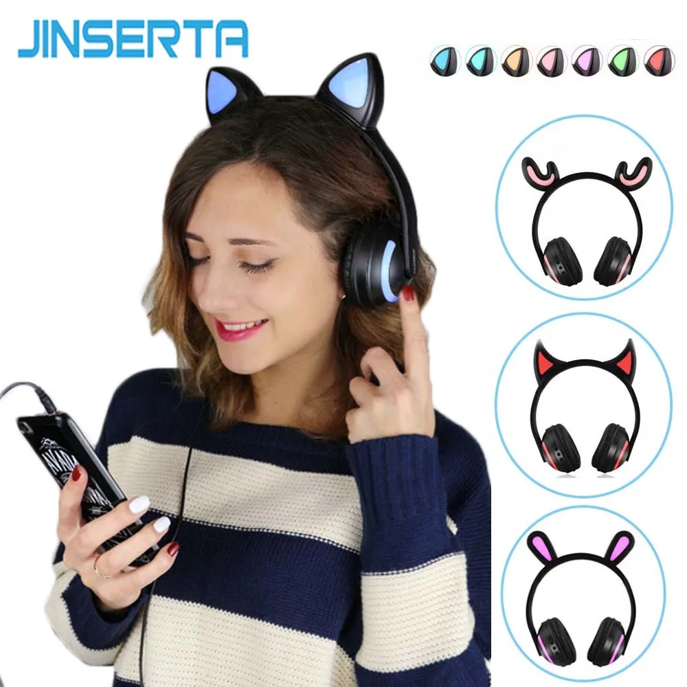 JINSERTA Cat/Rabbit/Deer/Devil наушники для ушей, 7 цветов, светодиодный, мигающий, светящийся, гарнитура для ушей, беспроводные, косплей, BT наушники для детей