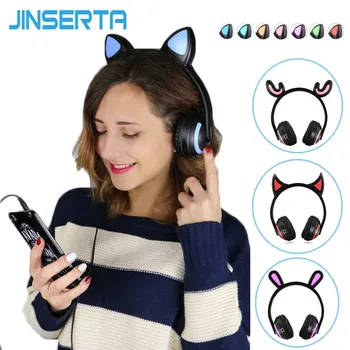 

JINSERTA Cat/Rabbit/Deer/Devil Ear Headphones 7-Color LED Flashing Glowing Ear Headset Wireless Cosplay BT Headphone for Kids