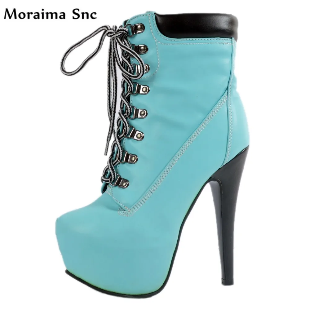 

Moraima Snc fashion women round toe sexy catwalk high heel high platform Ankle boots Lace-up metal Decoration solid boots