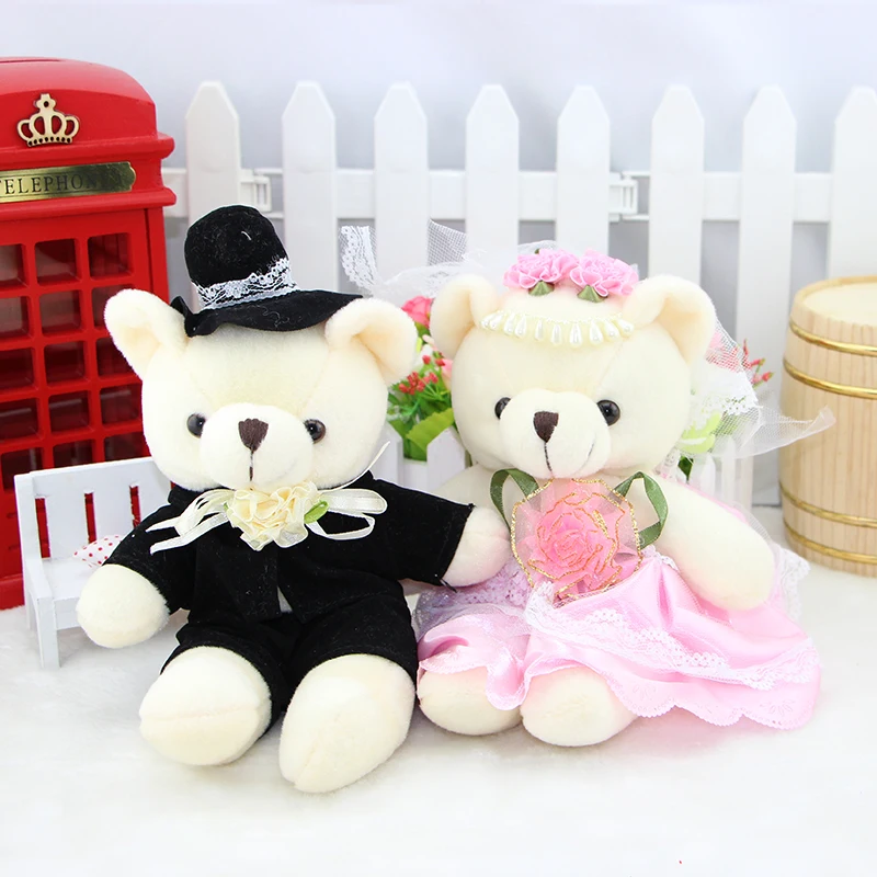 2pcs 16cm Kawaii font b Stuffed b font Dolls Couple Bear Wedding Teddy Bear Plush font