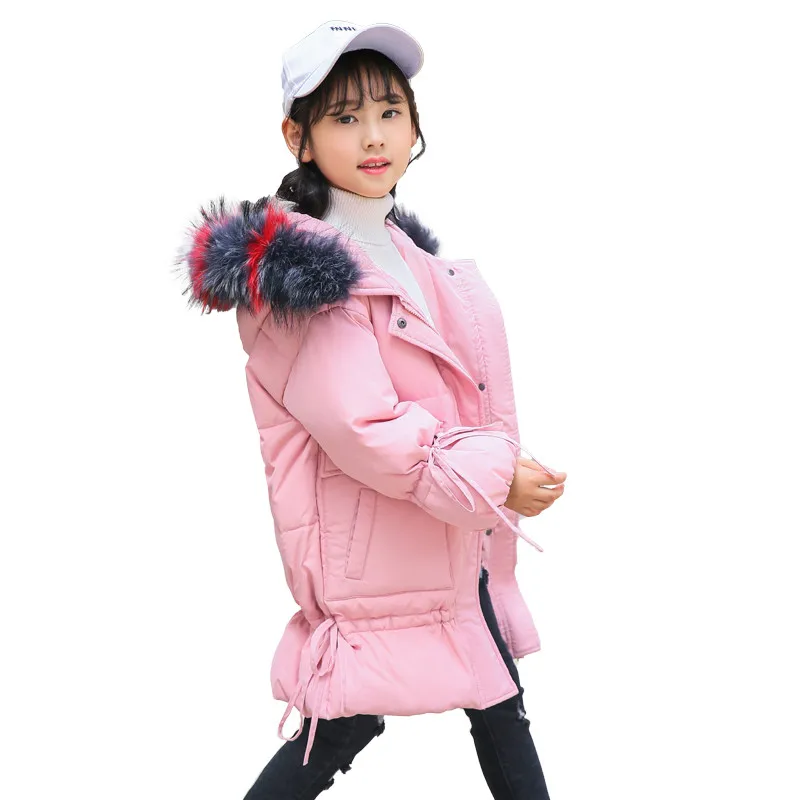 

Winter Warm Thick Cotton-Padded Girls Colorful Fur Collar Down Long Jacket Child School Keep Warm Snow 2018 Hooded Clothes
