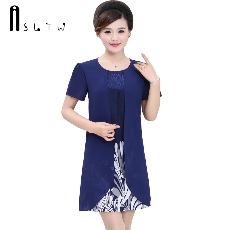 

ASLTW Summer Chiffon Dress Women New Fashion Plus Size Short Sleeve Thin Dresses O Neck Print Causal Women Dress