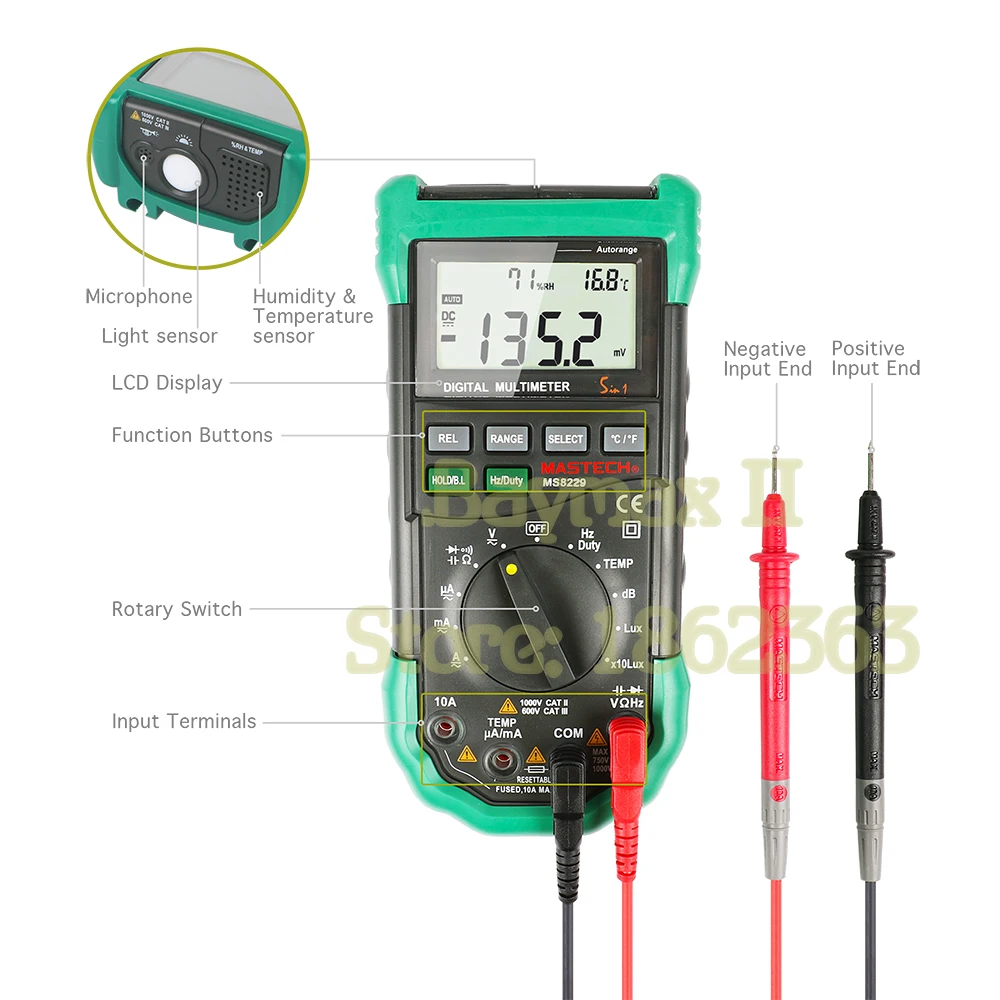 Mastech MS8229 авто-диапазон 5-в-1 Многофункциональный цифровой мультиметр с DMM, люкс, влажность, уровень шума, термометр