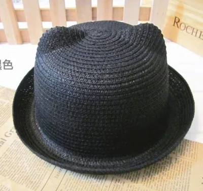 Модные соломенные шляпы, летние детские ушные украшения, Милая Детская кепка от солнца для мальчиков и девочек, одноцветная детская шляпа - Цвет: Черный