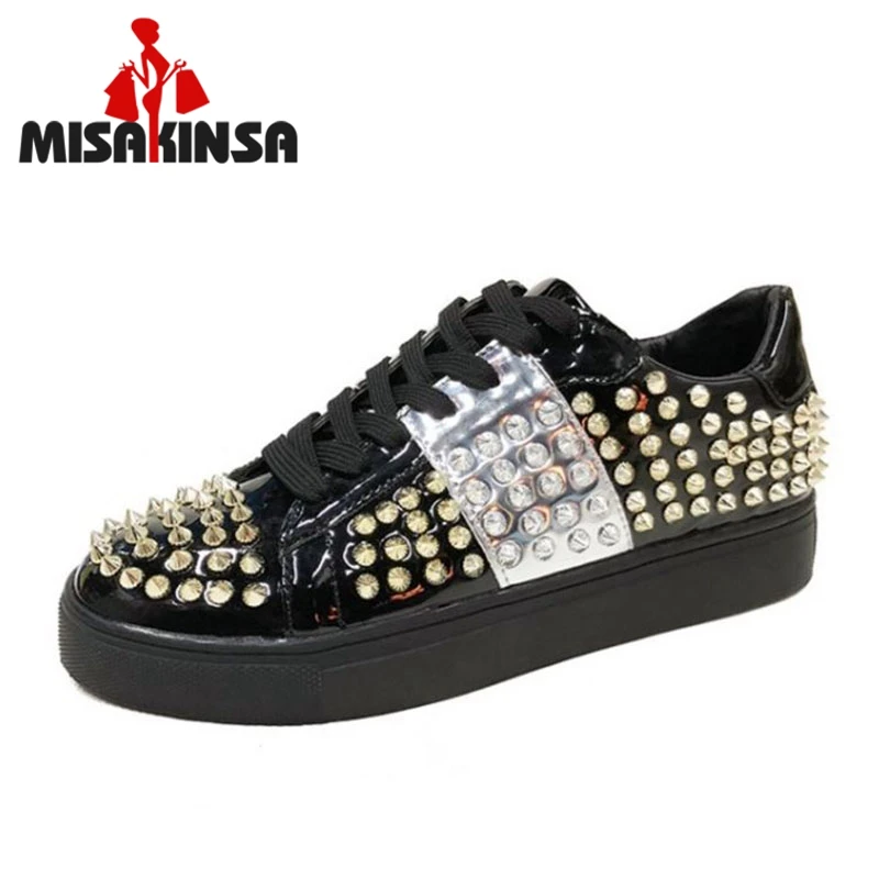

MISAKINSA Fashion Women Vulcanized Shoes Round Toe Lace Up Rivets Flats Shoes Daily Outdoor Women Leisure Shoes Size 35-39