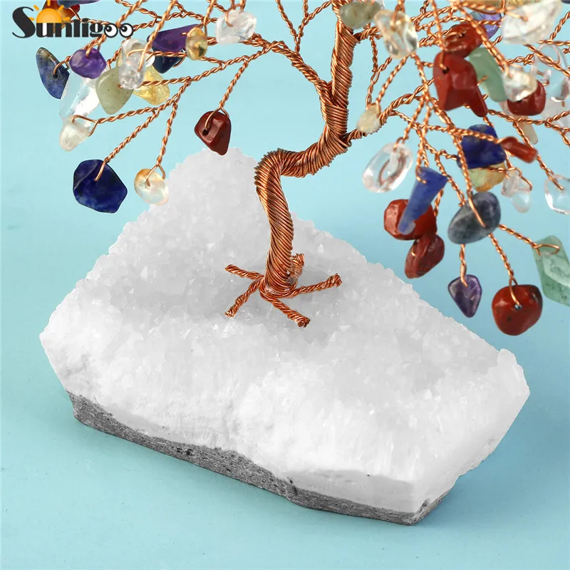 Sunligoo 1pc Natural Stone Feng Shui Bonsai Money Tree on Clear Quartz Cluster Base for Protection Healing Home Decor 5.51-6.29"