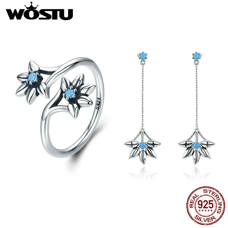 

WOSTU Authentic 925 Sterling Silver Blue Cubic Zircon Youth Fresh Flower Long Dangle Earrings and Open Ring Jewelry Sets Women