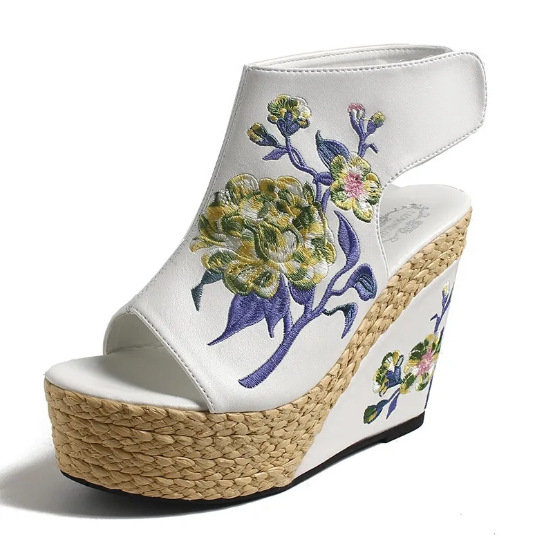 

2022 National Wind Straw Embroidery Fashion Sandals Platform Shoes Women Shoes High-heel Sandals Wedges Genuine Leather Sandals