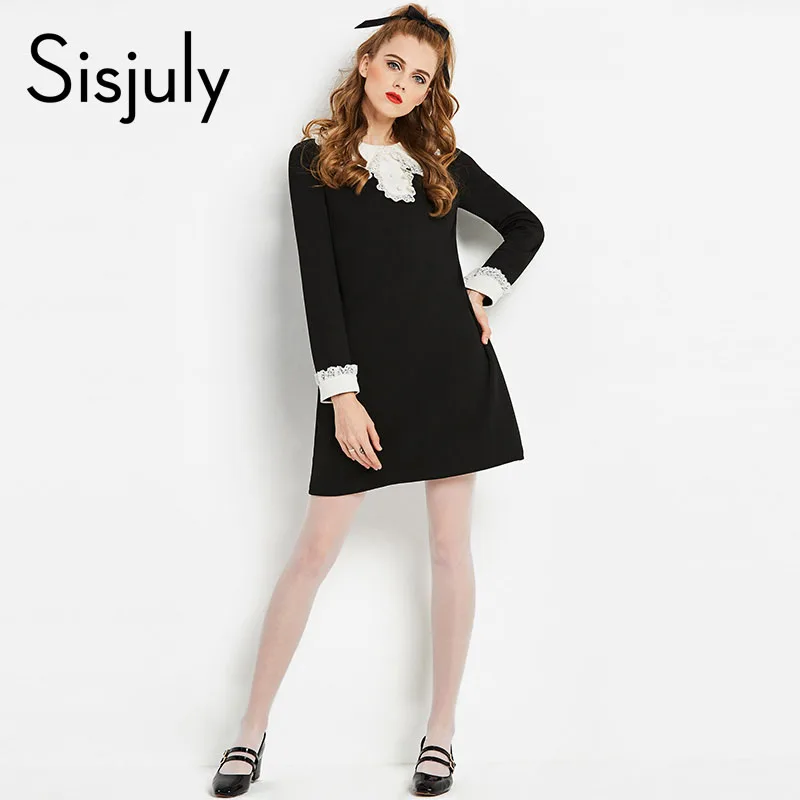 

Sisjuly vintage dresses women autumn black lace mini a line short natural retro collar female retro party dress patchwork full