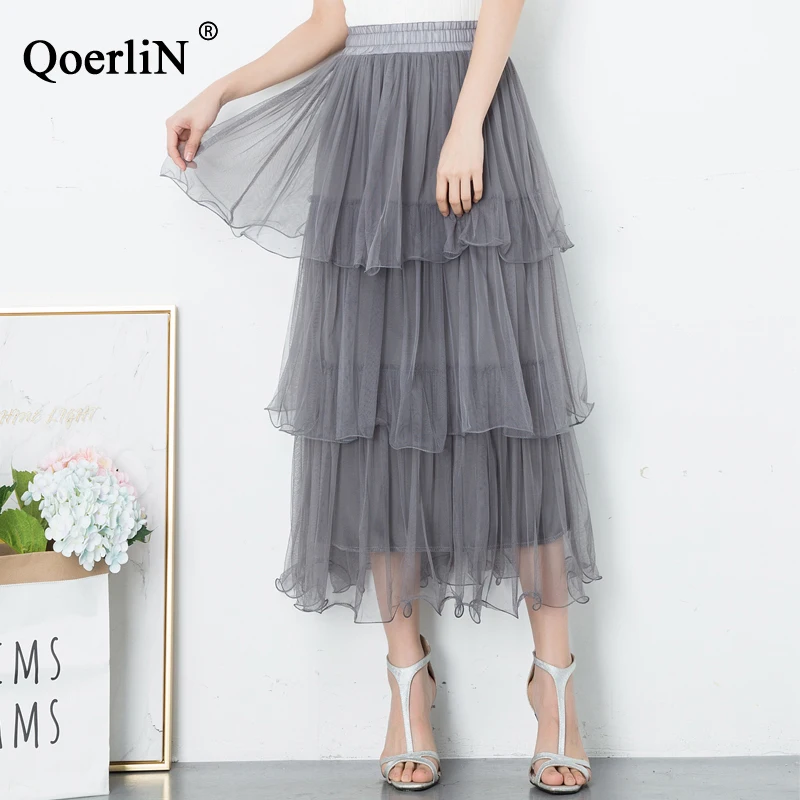 

QoerliN Korean Style New Skirts Women Solid Mesh Pleated Skirt Female High Waist Fashion Elastic Waist Ruffles Cake Skirt Ladies