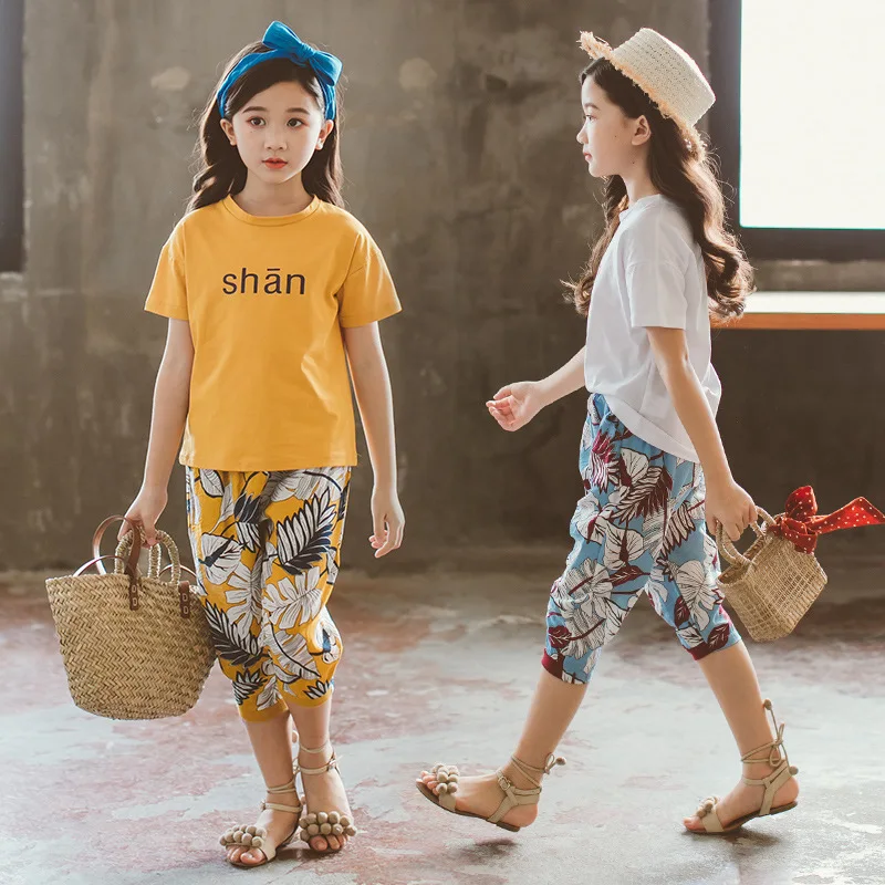 Летние комплекты одежды для девочек, летние детские хлопковые футболки с короткими рукавами и брюки, 2 предмета, спортивные костюмы для