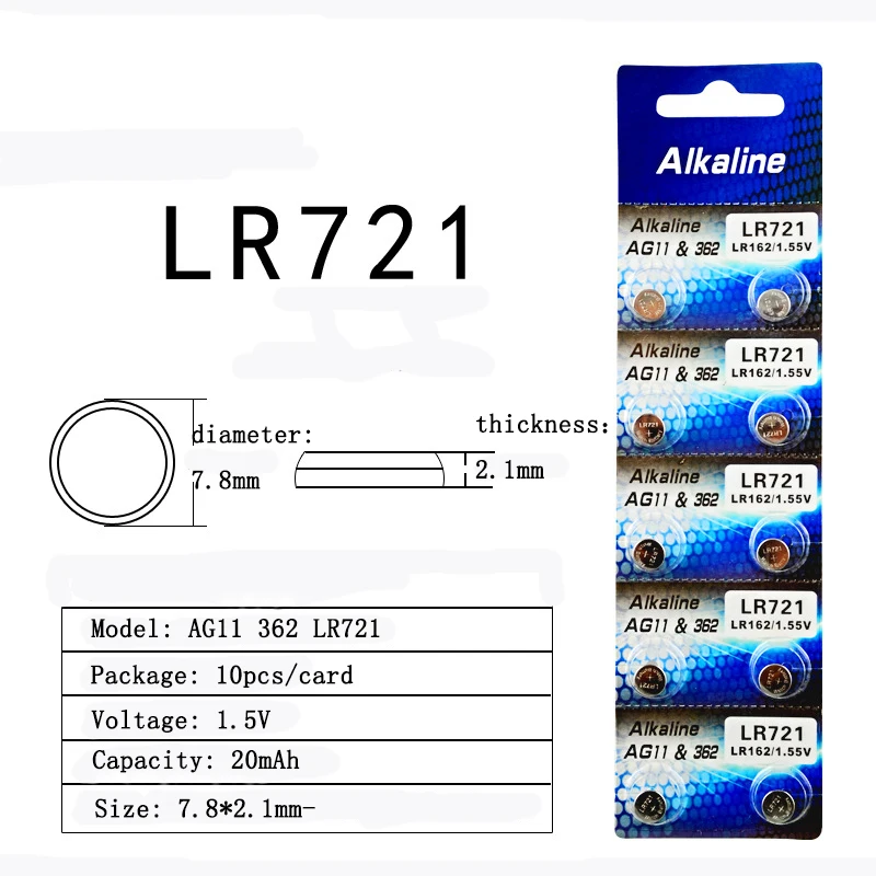 1 карты 10 шт./лот AG11 кнопочные аккумуляторы LR721 G11 LR58 162 GP62A 362 SR721W 5 V щелочные