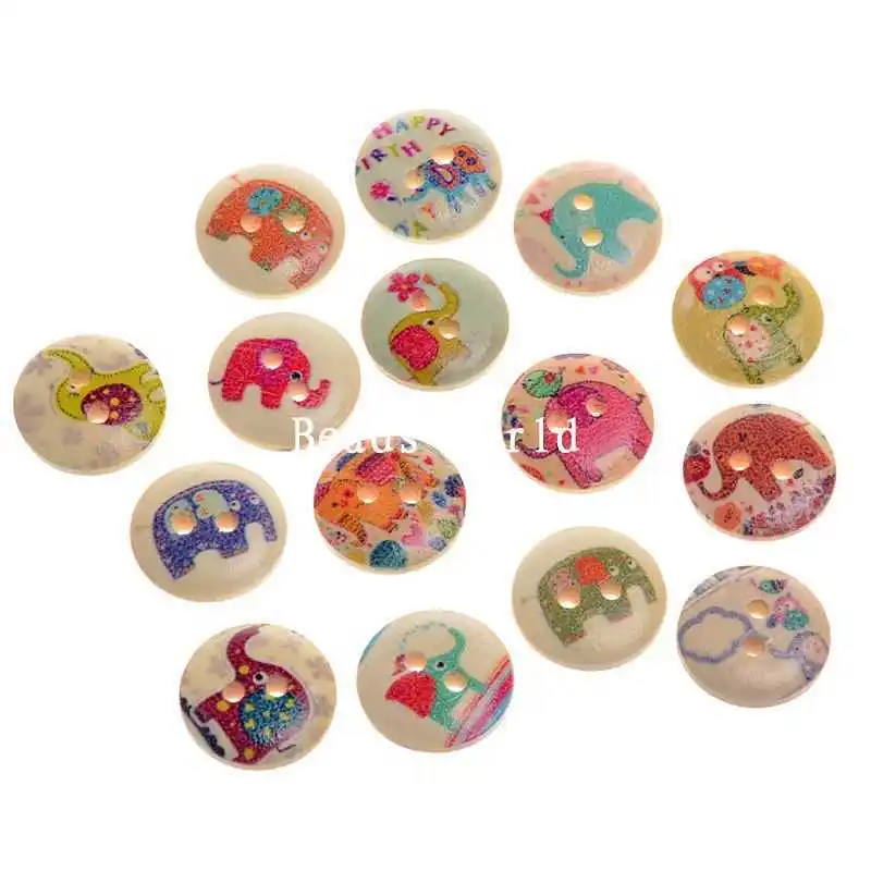 

100 Nature Wood Sewing Buttons Scrapbooking 2 Holes Mixed Elephant Pattern 15mm Handcraft DIY Jewelry Findings (W04273 X 1)