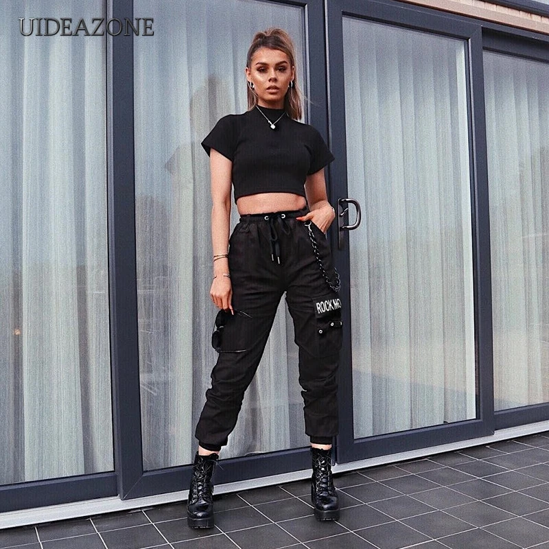 

Print Harem Pants Women Elastic Waist Drawstring Trousers with Chain Pockets Black White Solid Color Casual Pants Streetwear