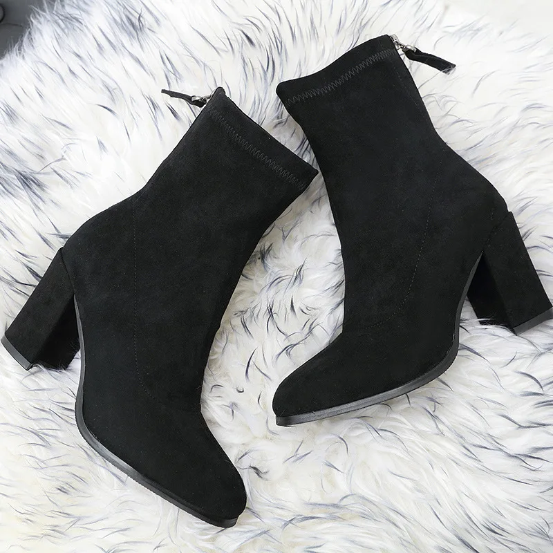 

2019 new high-heeled elastic boots with thick matte Martin boots suede tube ladies ankle boots black ljj 0219