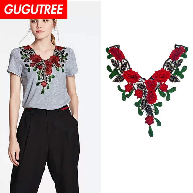 

GUGUTREE embroidery big collar patches flower patches badges applique patches for clothing ZM-46
