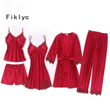 Fiklyc/фирменное весеннее Новое поступление, пять штук, женская одежда для сна, Халат+ ночная рубашка+ топ+ короткие штаны+ длинные штаны, пижамный комплект