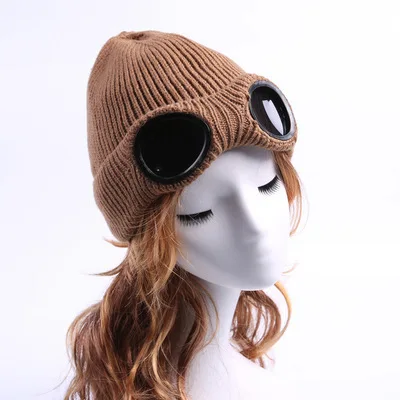 Skullies шапочки для женщин ветрозащитный очки Hat шерсть зимние Gorros Кепки крепления укладка вязаная Шапки мужские лыжные Кепки s - Цвет: Brown