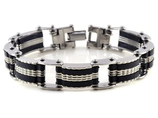 AOMU мужские серебряные браслеты из нержавеющей стали, мужские браслеты-манжеты, байкерские мотоциклетные черные силиконовые браслеты - Окраска металла: B