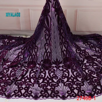 

African Lace Fabric 2019 Nigerian Newest Velvet With Sequins Flower Beaded African Tulle Lace For Wedding Party Dress YA2746B-1