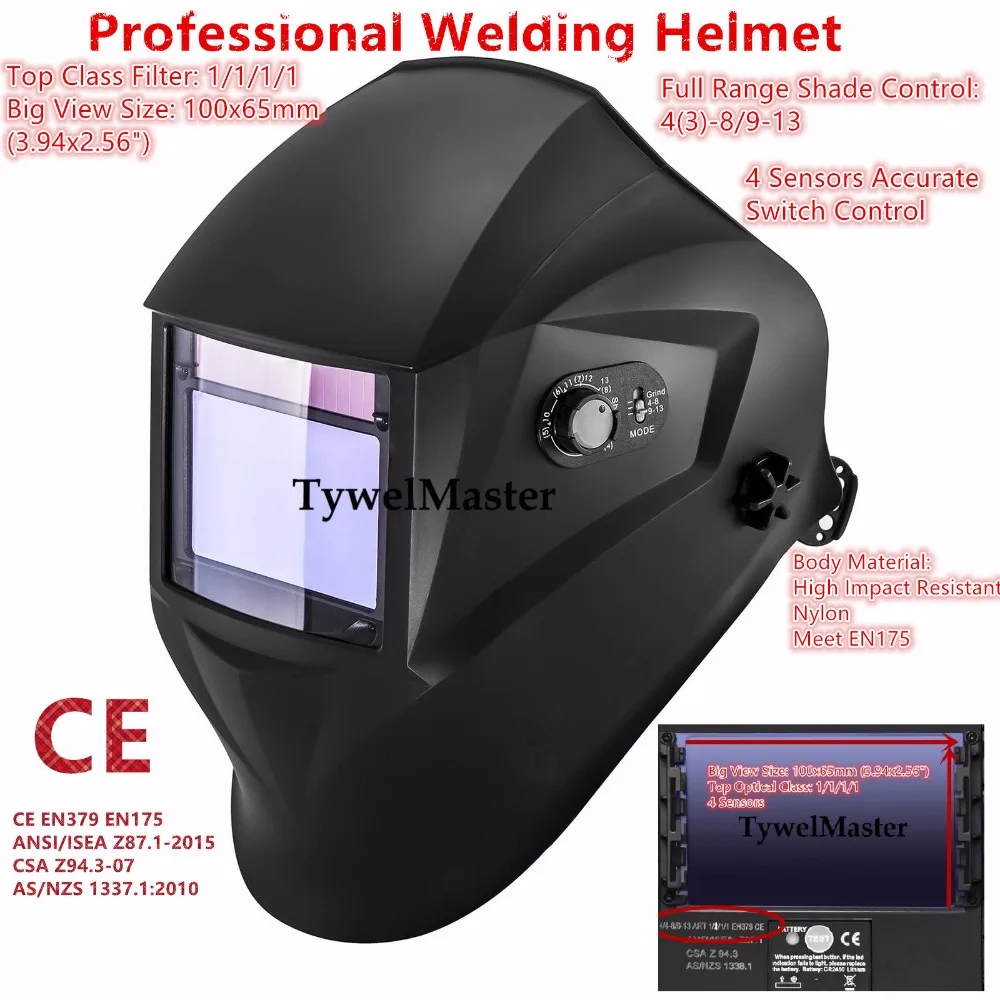 

Premium Welding Mask Helmet 100*65mm 1111 4 Sensors Filter External Control Solar Auto Darkening Weder Hat Cap 3-13 CE UL CSA