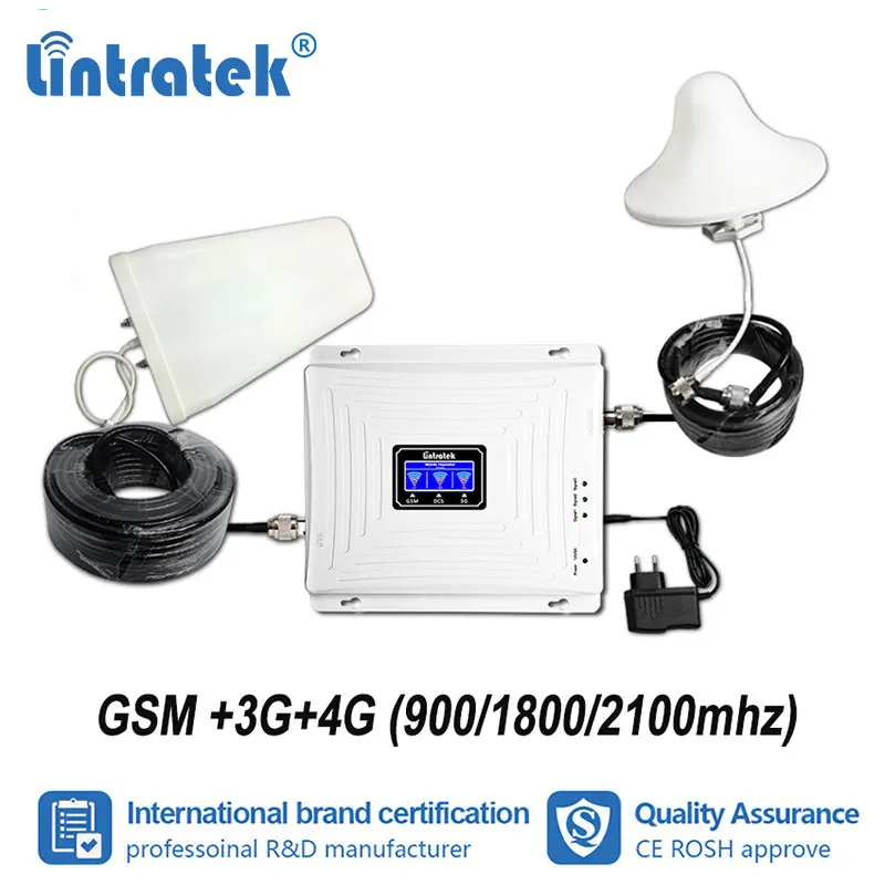 

Lintratek Tri Band GSM 900mhz W-CDMA 2100 LTE 1800mhz Mobile Signal Booster 2G 3G UMTS 4G Repeater Cellular Amplifier Set s4