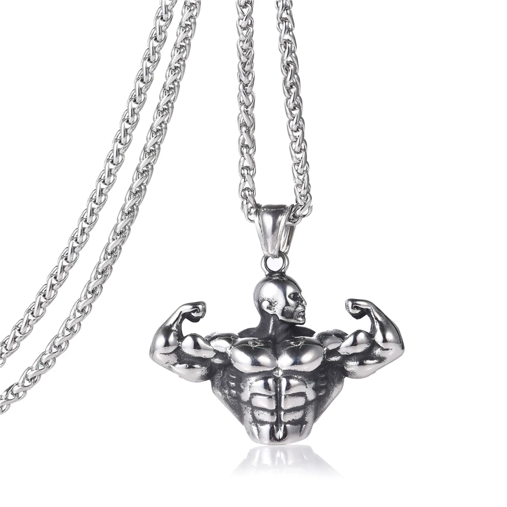 Workout Strong Man Pendant Necklace Stainless Steel Chain Necklaces