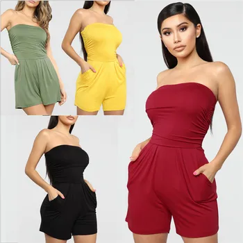 

hirigin Sexy Women Off Shoulder Bodycon Slim Overalls High Waist Pocket Beach Short Playsuit Tube Tops Strapless Jumpsuit Romper