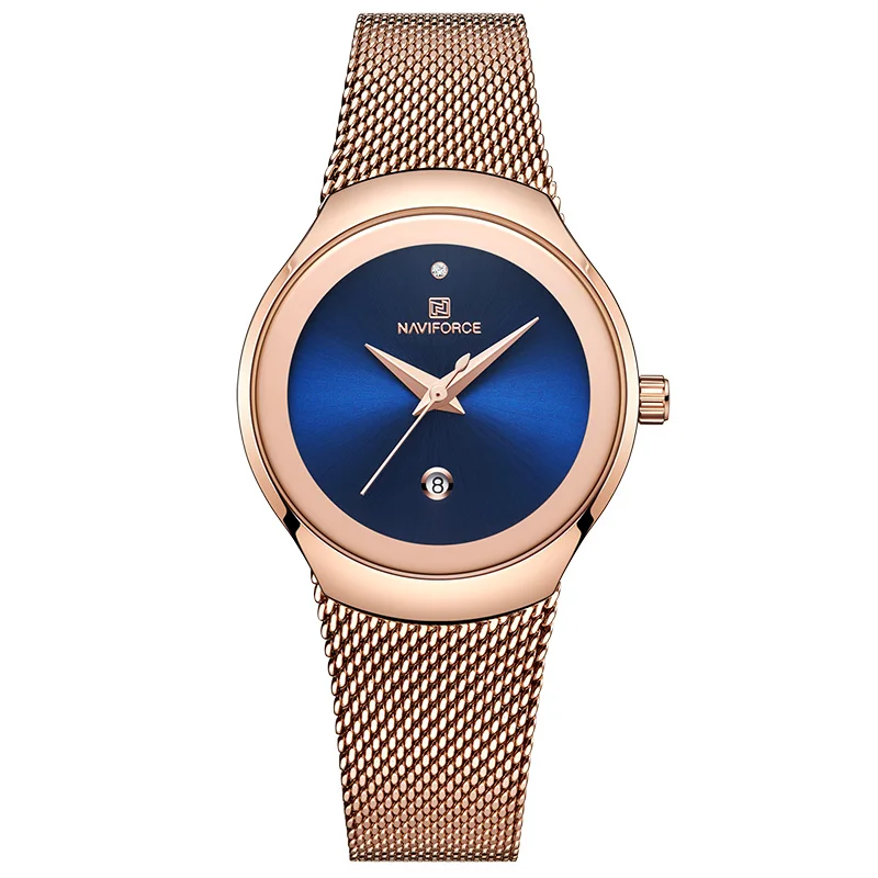 Rose Gold Blue NAVIFORCE часы Женская мода платье кварцевые часы Леди Нержавеющая Сталь Водонепроницаемые наручные часы простые девушка часы Relogio Feminino - Цвет: Rose Gold Blue