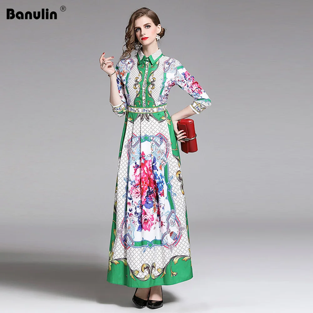 

Banulin 2019 Runway Spring Summer Sexy Plaid Floral Print Turn Down Vacation Party Maxi Long Dresses Female Vestdios B8801
