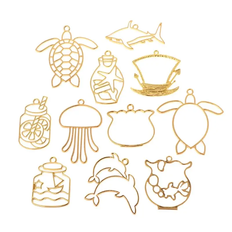 

11 Pcs/Set DIY Epoxy Resin Crafts UV Resin Metal Frame Jewelry Making Necklace Pendant Creative Turtle Dolphin Animals Shape