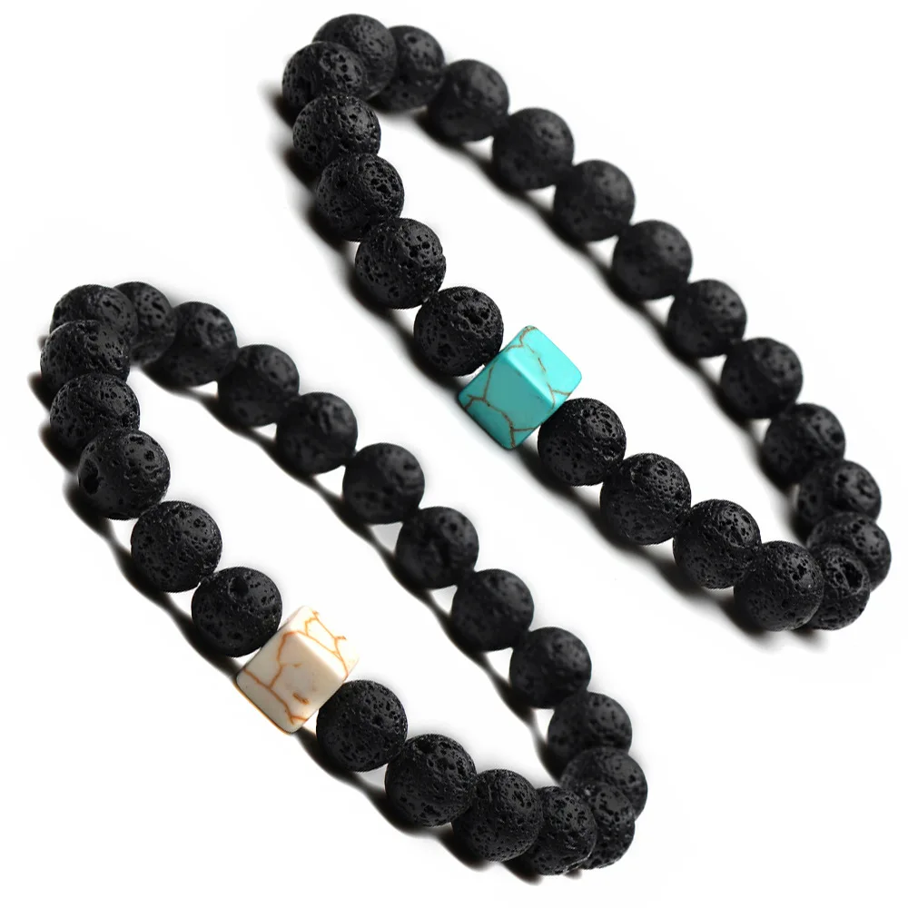 

8MM Aromatherapy Black Lava Stone DIY Essential Oil Diffuser Bracelet Jewelry Square Natural White Howlite Stone Bracelet Yoga