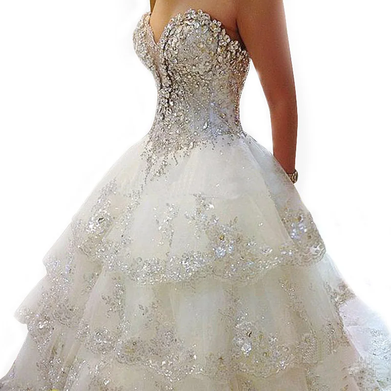 

2019 Luxury Ivory Rhinestone Beaded Appliques Sweetheart Ball Gown Tiered Chapel Train Crystal Wedding Dress 2019